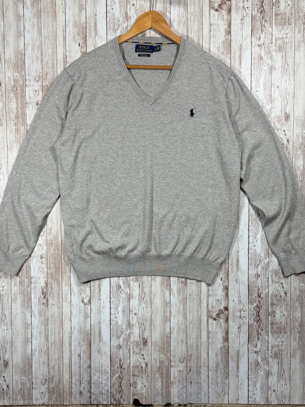 Polo by Ralph Lauren Sweater sz Large Light Gray V-Neck Ribbed Hem Cuffs Logo